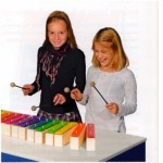 to børn spiller på store enkeltstående klangstave metallofoner med to køller hver